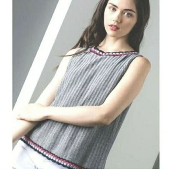 THML Sleeveless Sweater Top Blue/White Stripe Knit Crochet Round Collar Cotton S - Picture 2 of 12